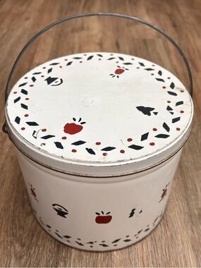 Vintage Farmhouse Metal Tin Bucket w/Lid White & Red Painted Country Cottagecore